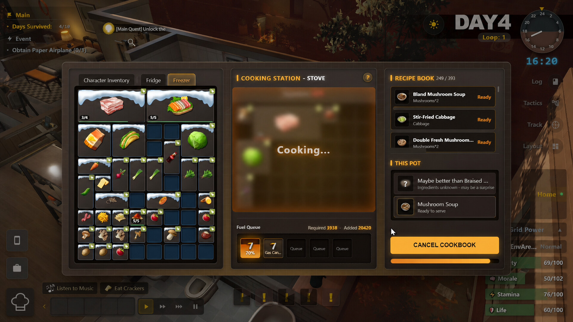 Survival Log cooking and inventory management screenshot